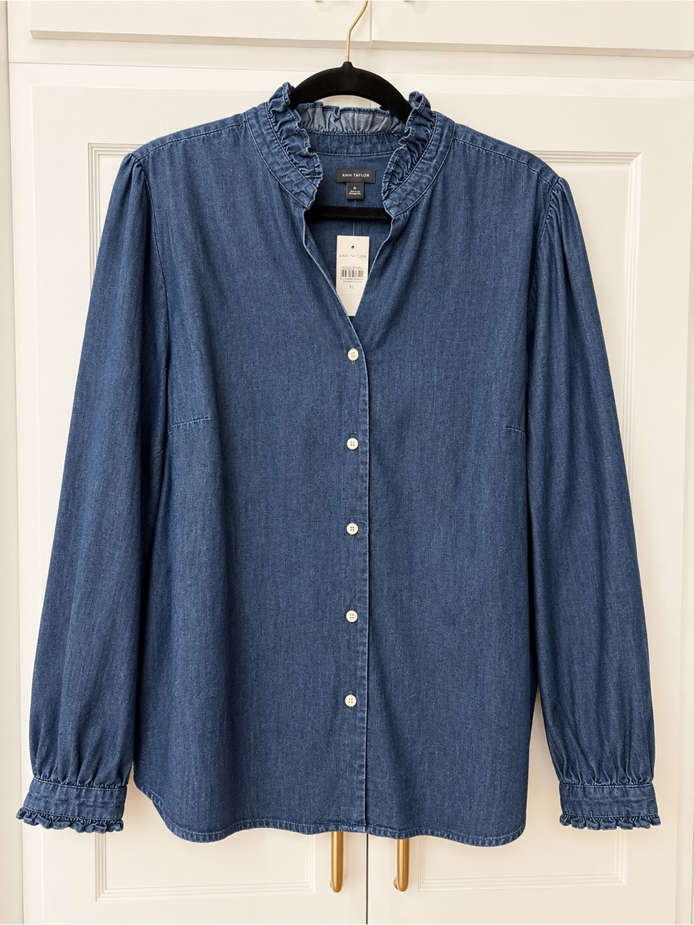Ann Taylor Denim Ruffle Collar Button-Front Blouse - NWT